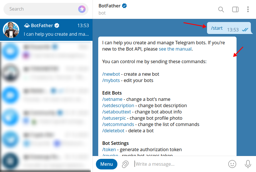 Starting a chat with BotFather